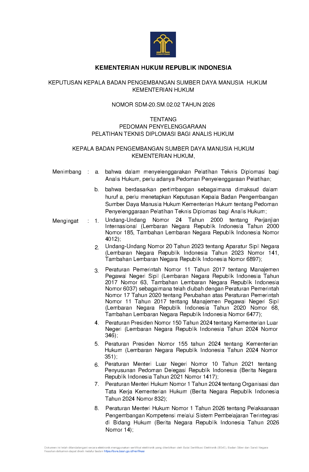 Pedoman Pelatihan Teknis Diplomasi bagi Analis Hukum