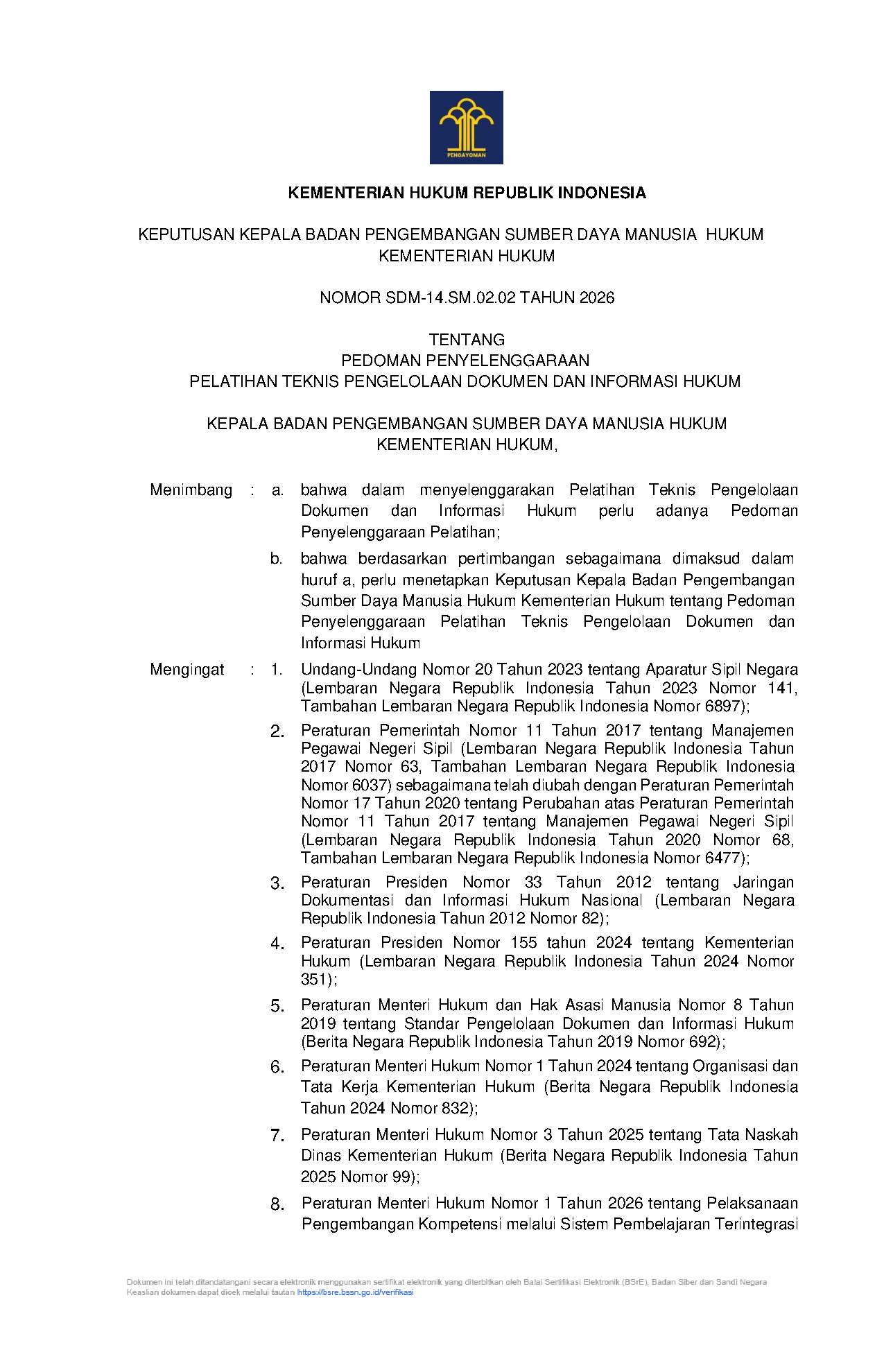 Pedoman Pelatihan Teknis Pengelolaan Dokumen dan Informasi Hukum