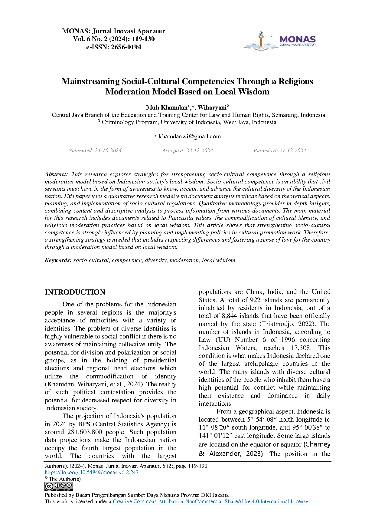 Mainstreaming Social Cultural Competencies Through A Religious Moderation Model Based On Local Wisdom (Monas 6)