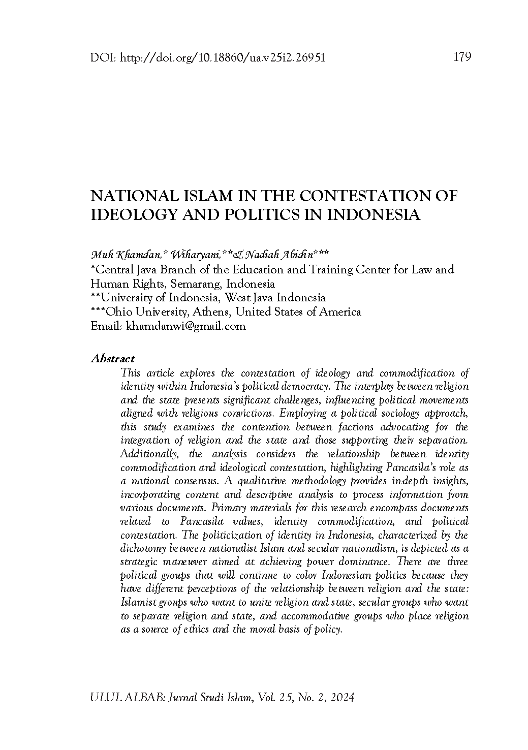 National Islam In The Contestation Of Ideology And Politics In Indonesia Ulul Albab Uin Malang