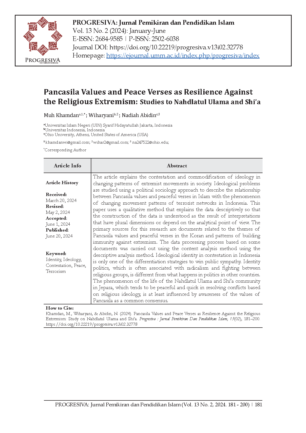 Pancasila Values And Peace Verses As Resilience Against The Religious Extremism Studies To Nahdlatul Ulama And Shia