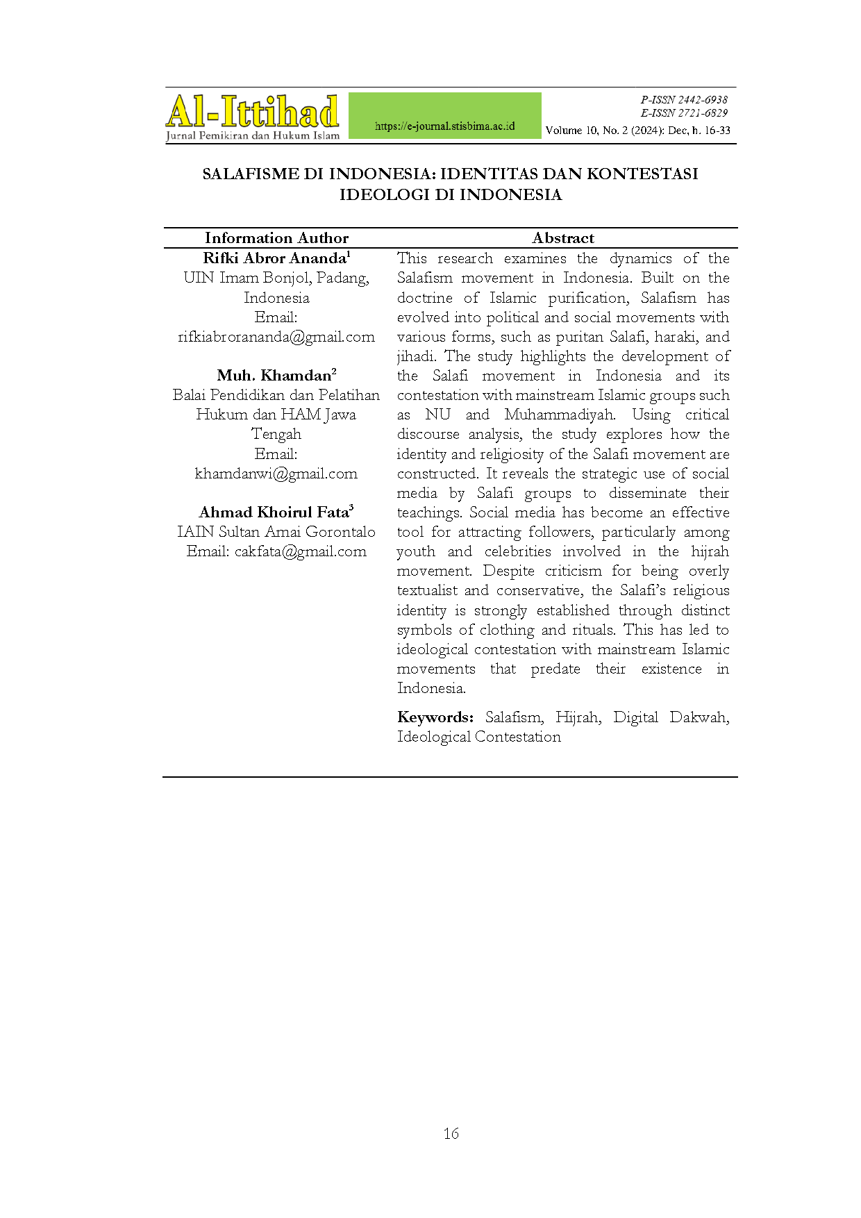 Salafisme Di Indonesia (Identitas Dan Kontestasi Ideologi Di Indonesia Alttihad Stis Bima)