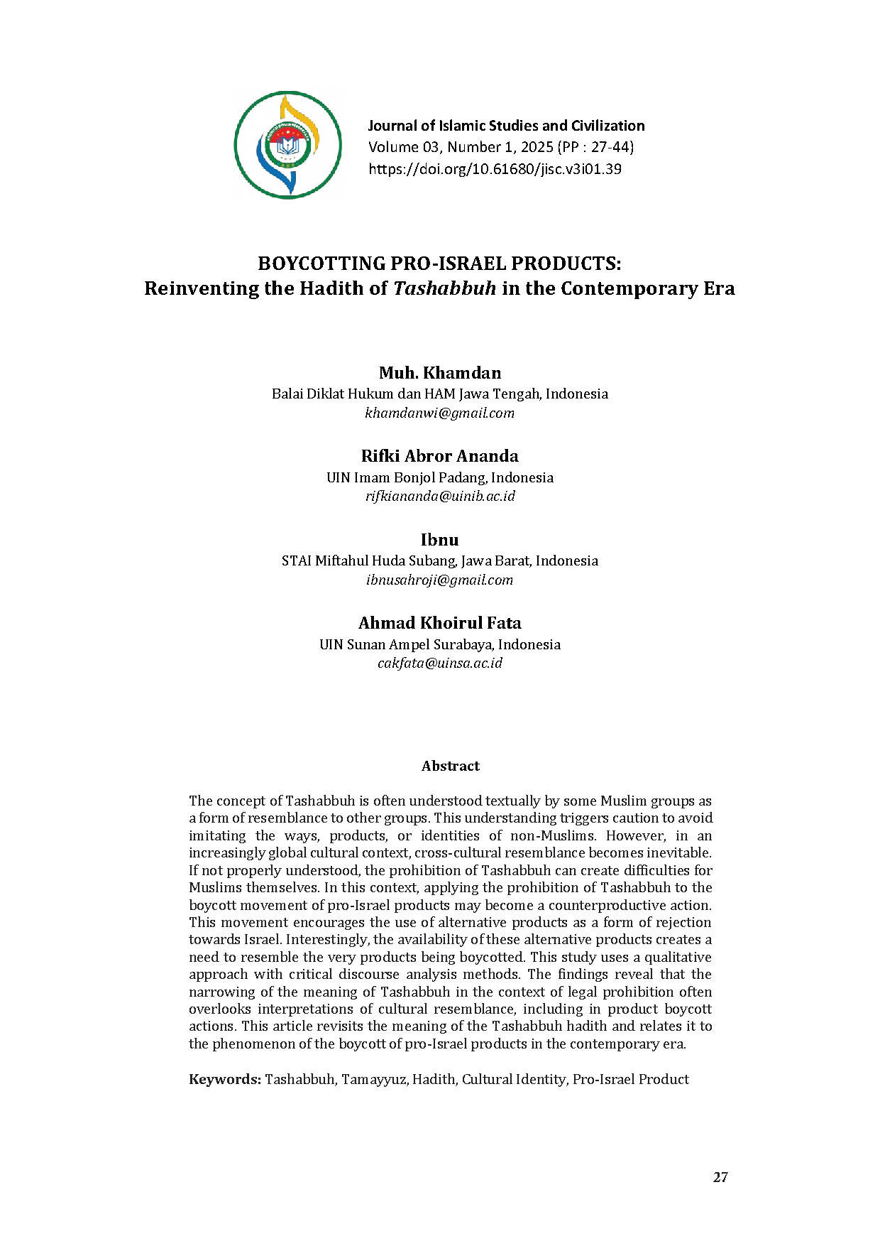 Boycotting Pro Israel Product Reinventing Hadith Tashabbuh (Jisc Pmii Vol 3 No 1)