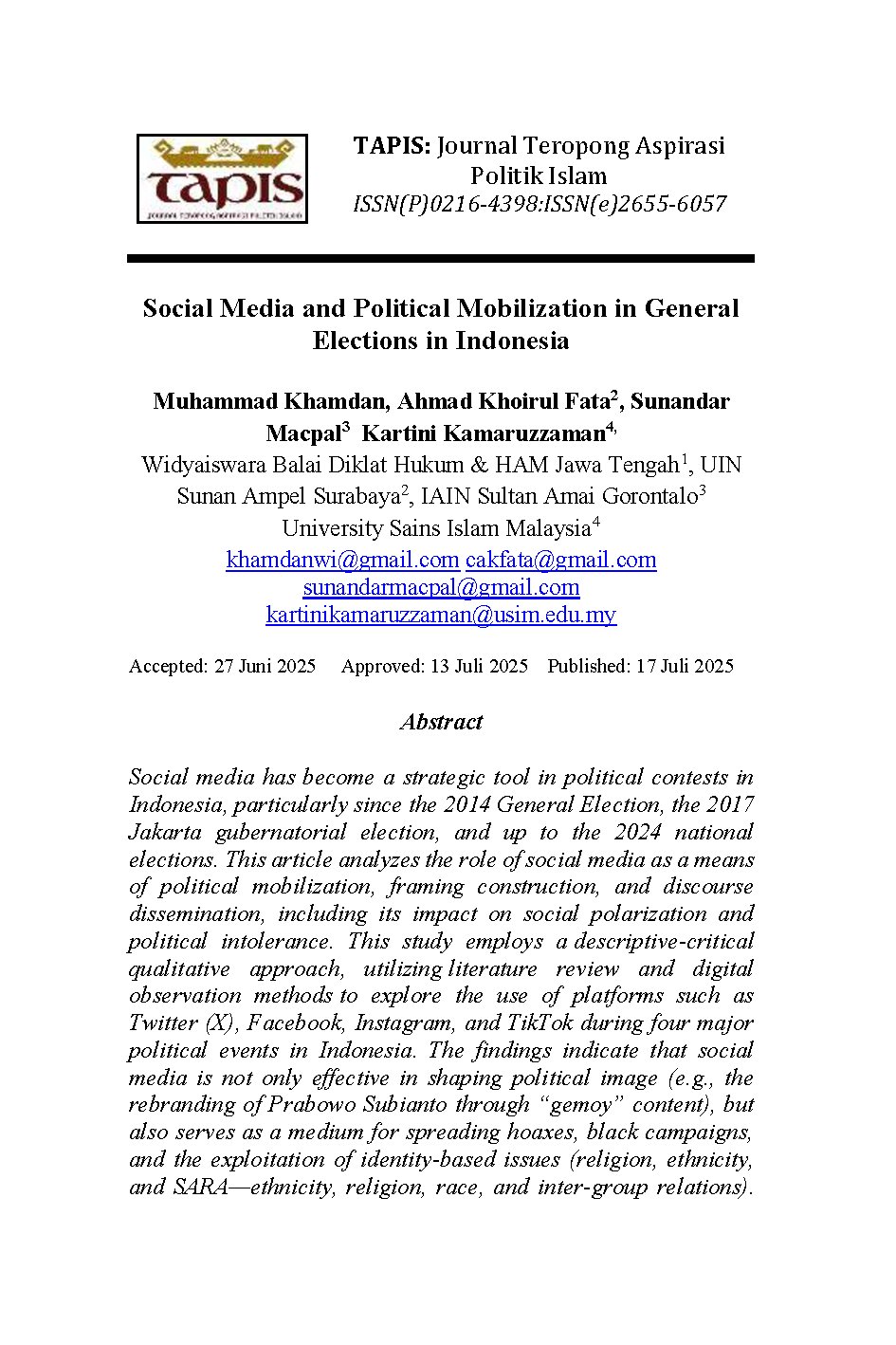Social Media And Political Mobilization In General Elections In Indonesia (Tapis Vol 21 No 1)